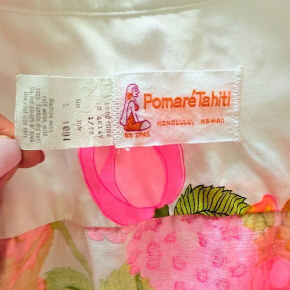 VTG Pomare Tahiti White Floral Hawaiian Shirt Short Sleeve Unisex Button Down L - Picture 3 of 6